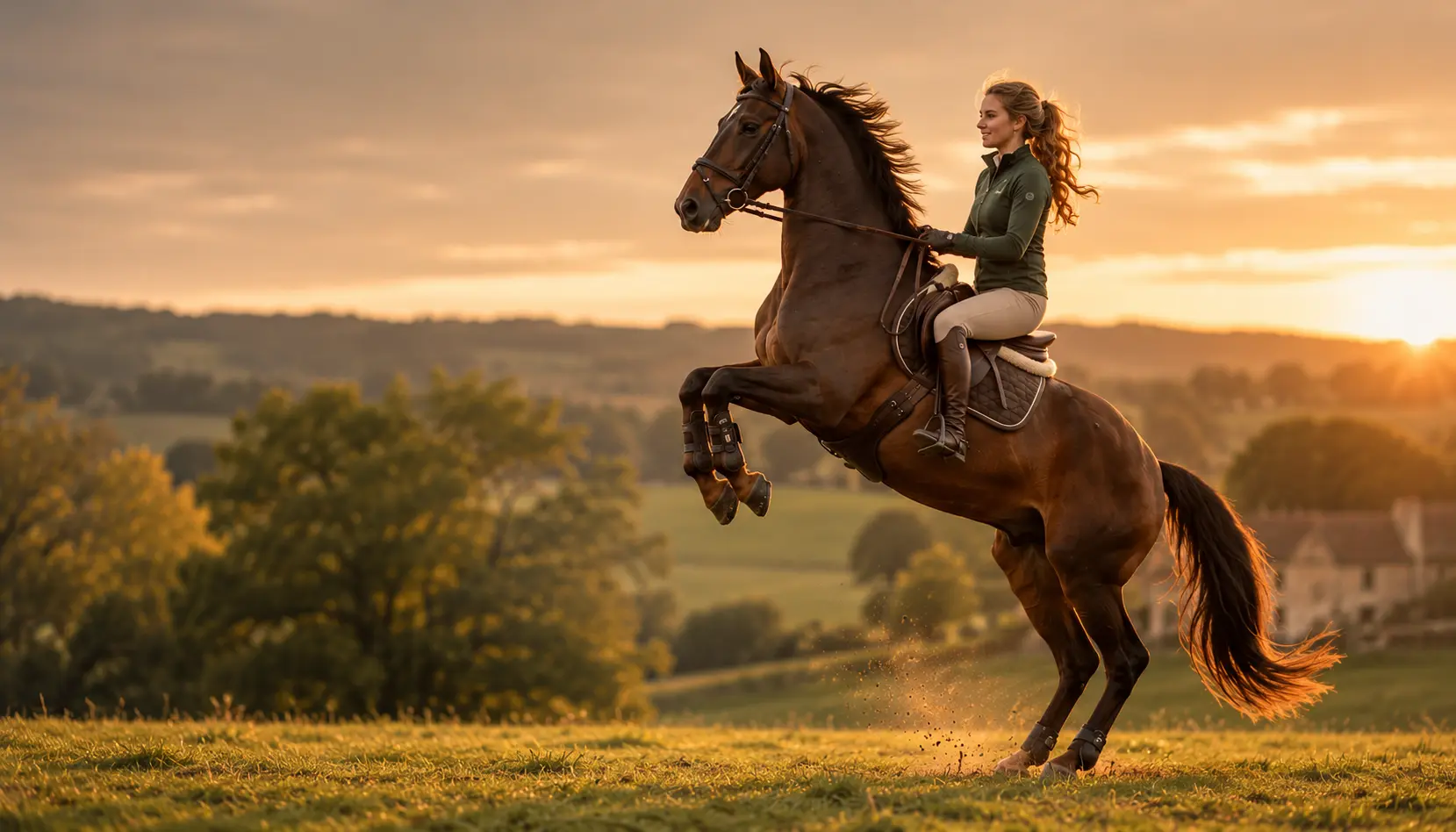 Cavalière sur son cheval qui se cabre dans un pré au coucher du soleil