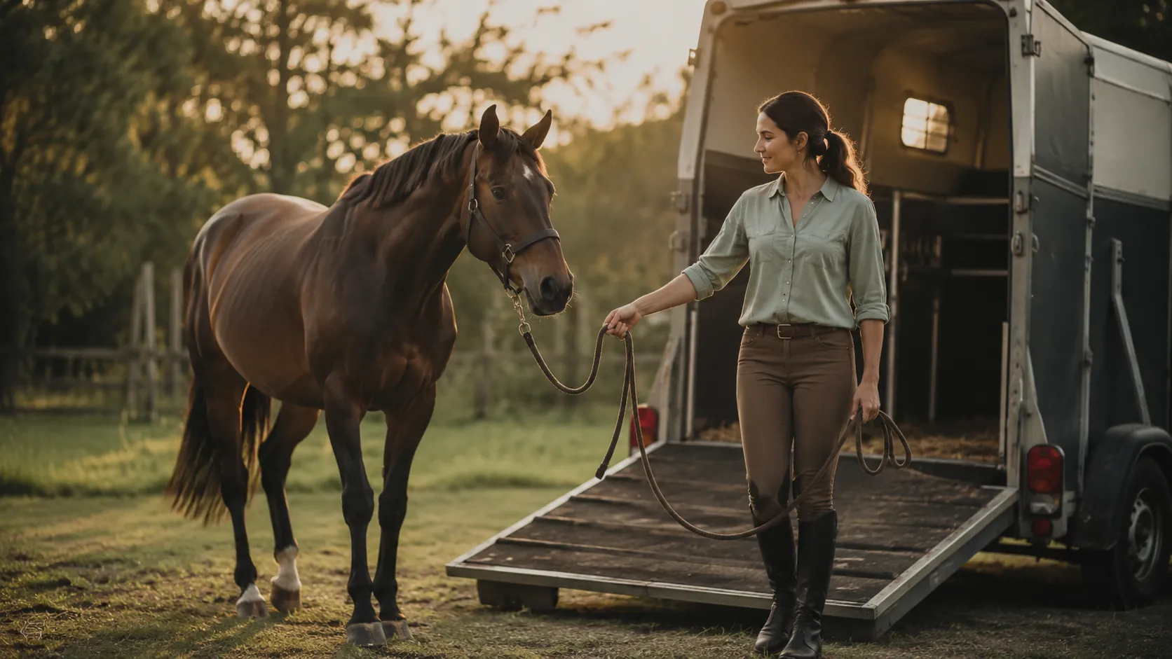 Une cavalière mène calmement son cheval bai vers la rampe d'un van ouvert, longe détendue, au coucher du soleil