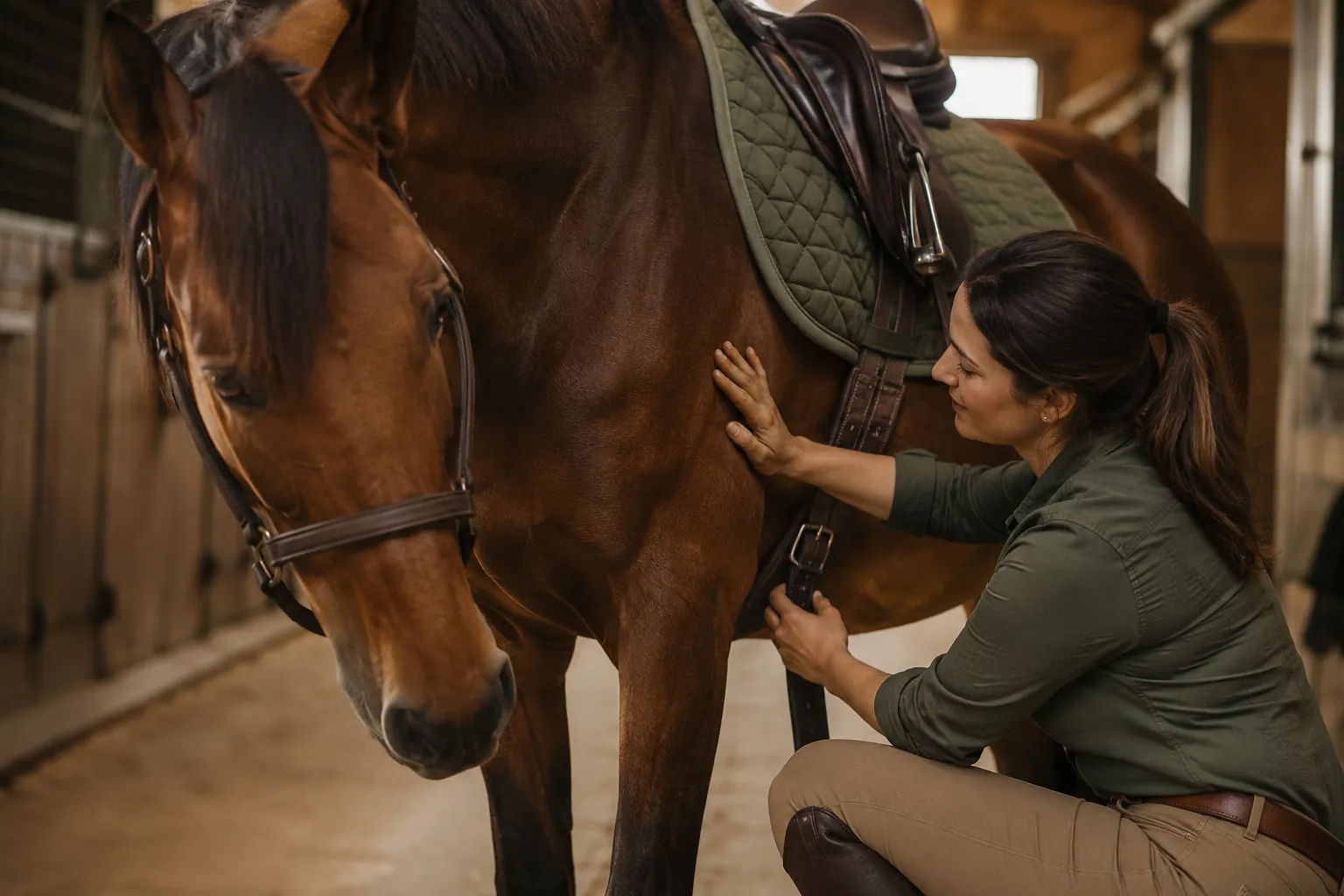 Une cavalière accroupie ajuste calmement la sangle de son cheval bai détendu, à l'écurie