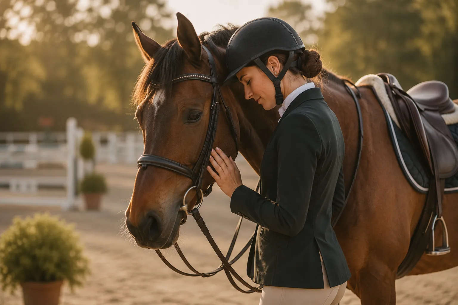 Une cavalière en tenue de concours, front posé contre le chanfrein de son cheval, un instant de calme avant l'épreuve