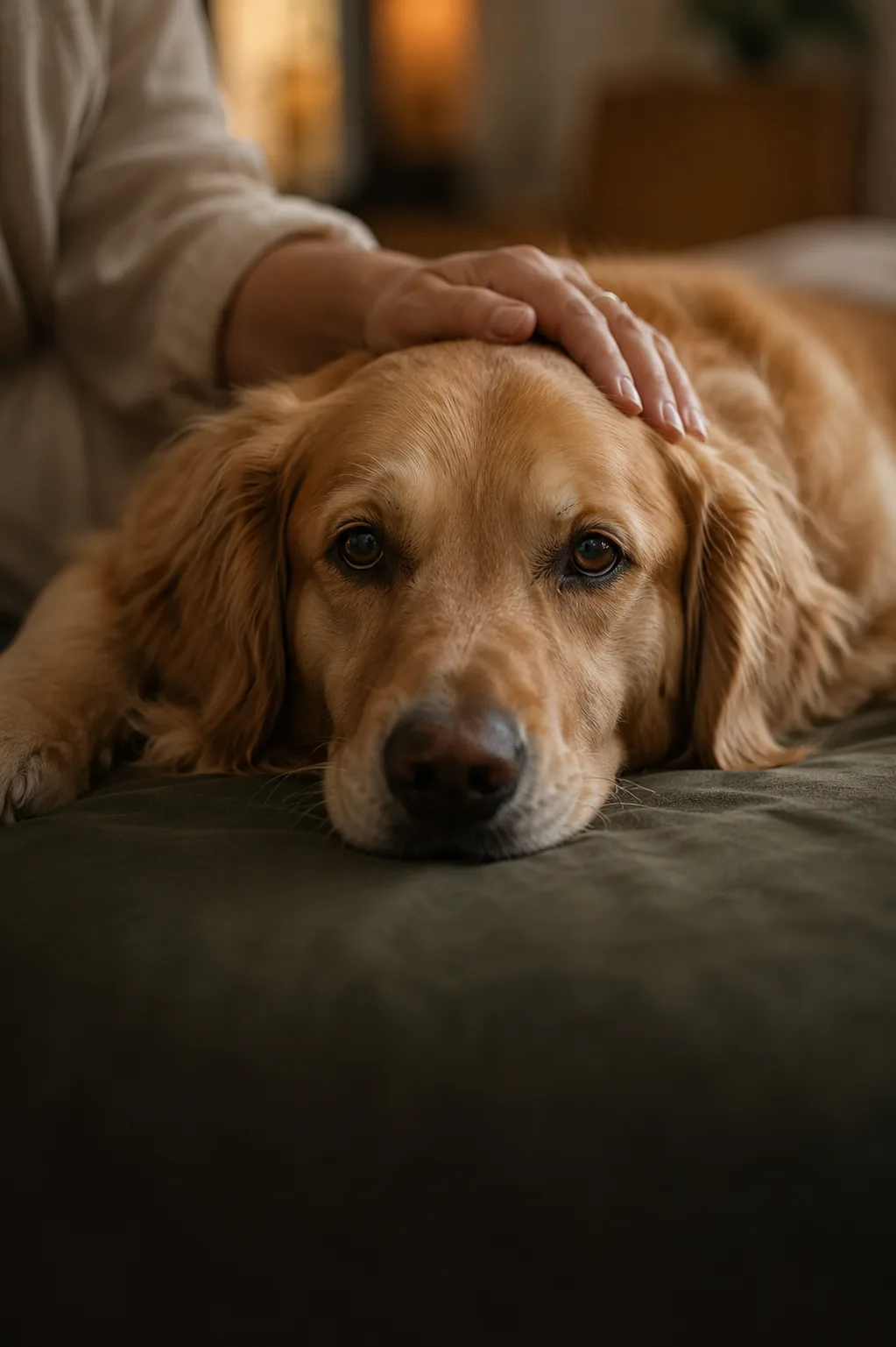 Un golden retriever au regard doux est apaisé par la main bienveillante de son gardien posée sur sa tête