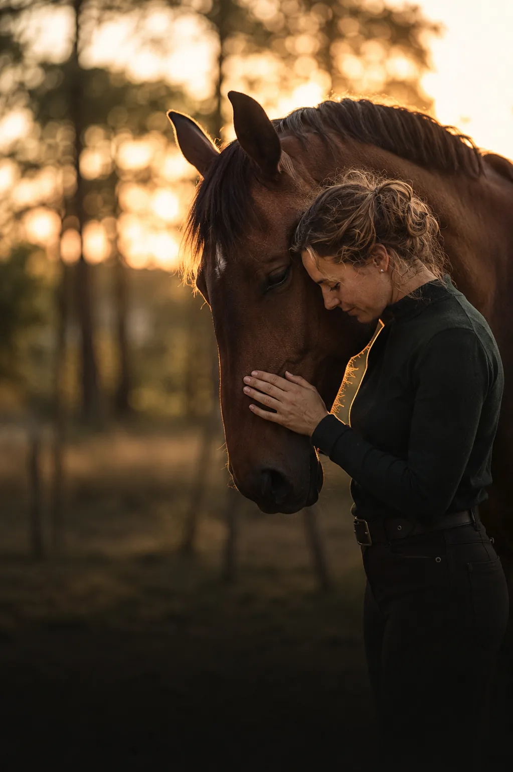 Une cavalière, front contre l'encolure de son cheval, un moment de complicité dans la lumière dorée