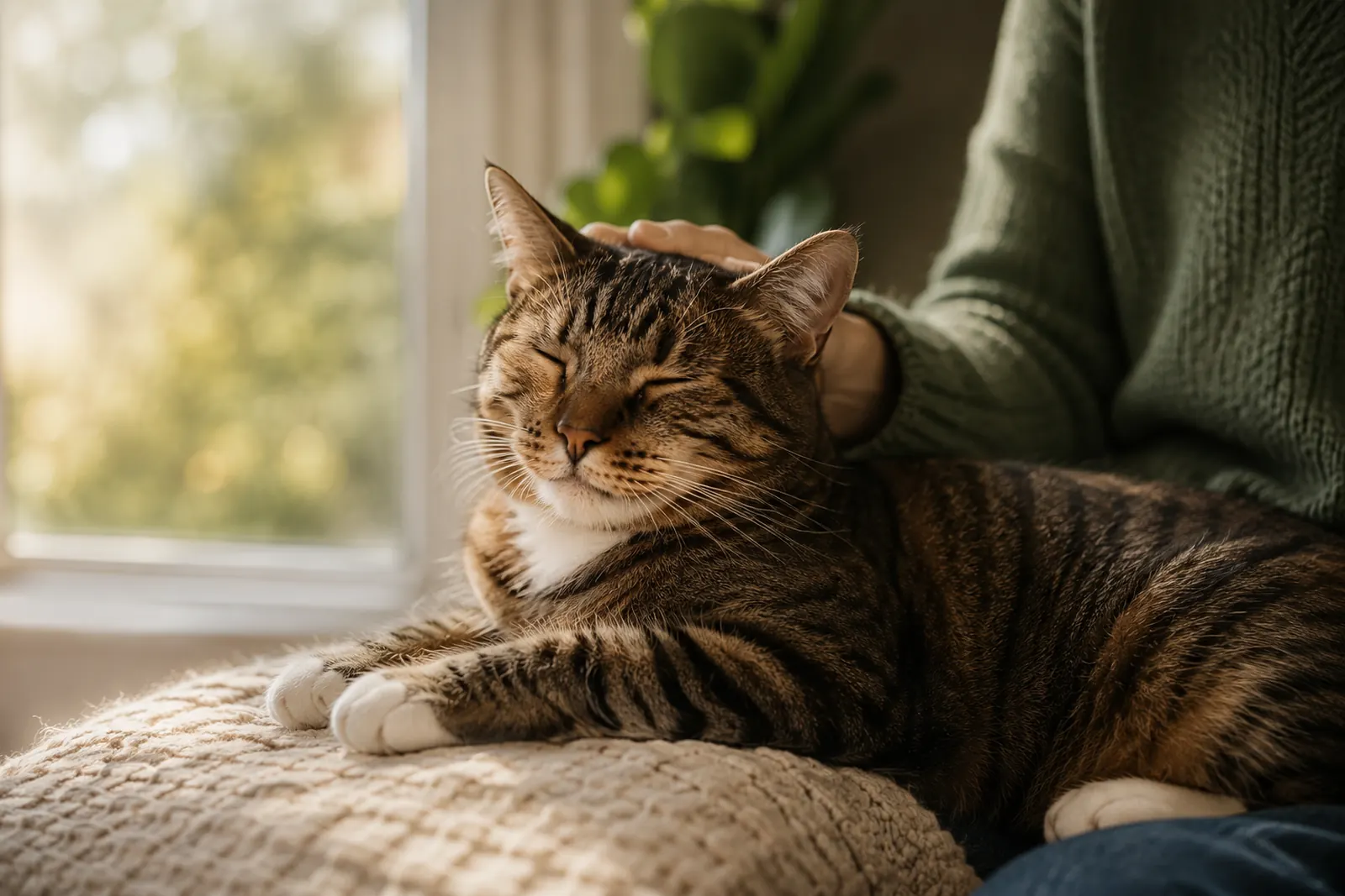 Un chat tigré aux yeux mi-clos, apaisé, la main de son gardien posée doucement sur sa tête, près d'une fenêtre baignée de lumière