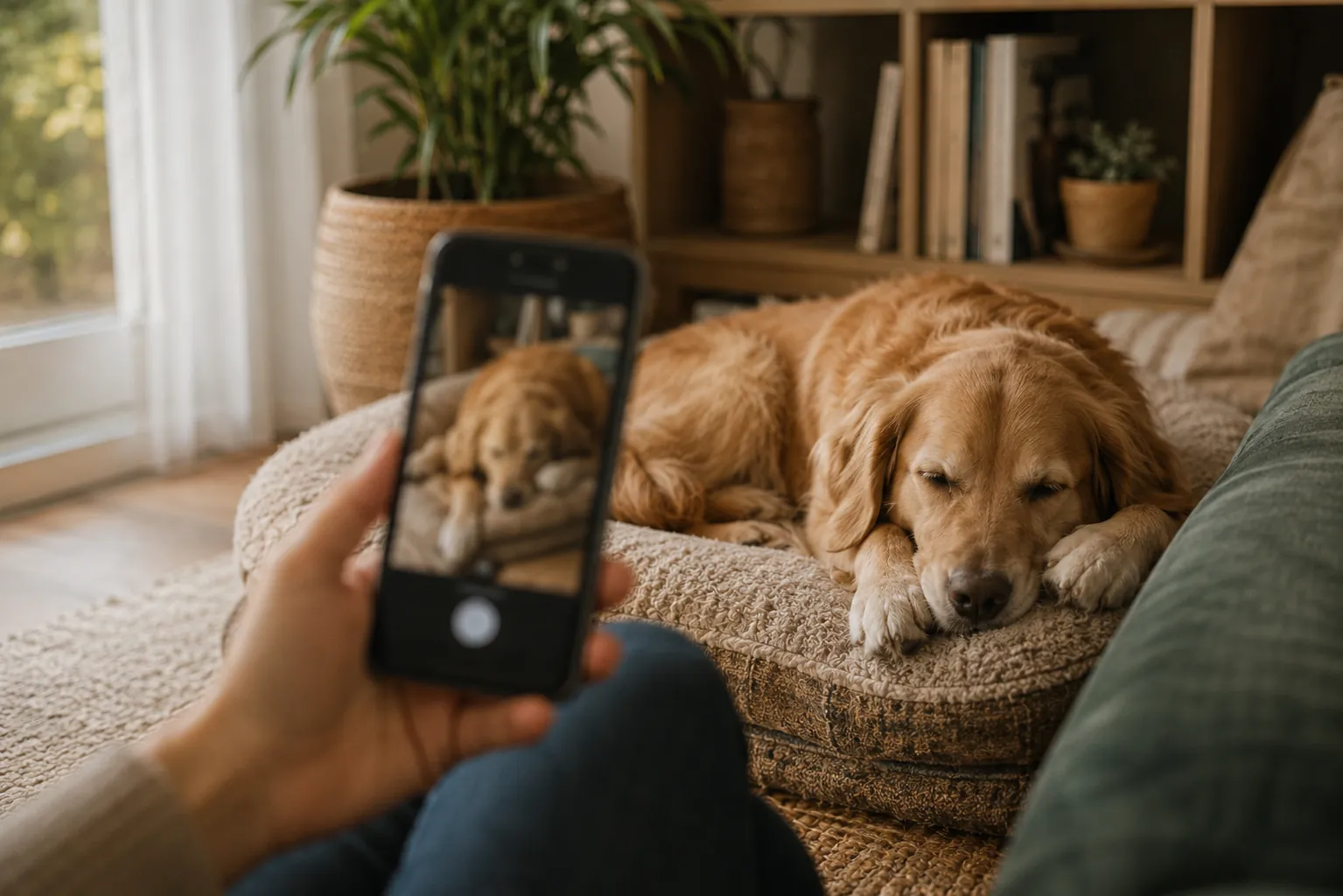 Une main tient un smartphone affichant la photo d'un golden retriever, tandis que le chien se repose paisiblement sur le canapé derrière