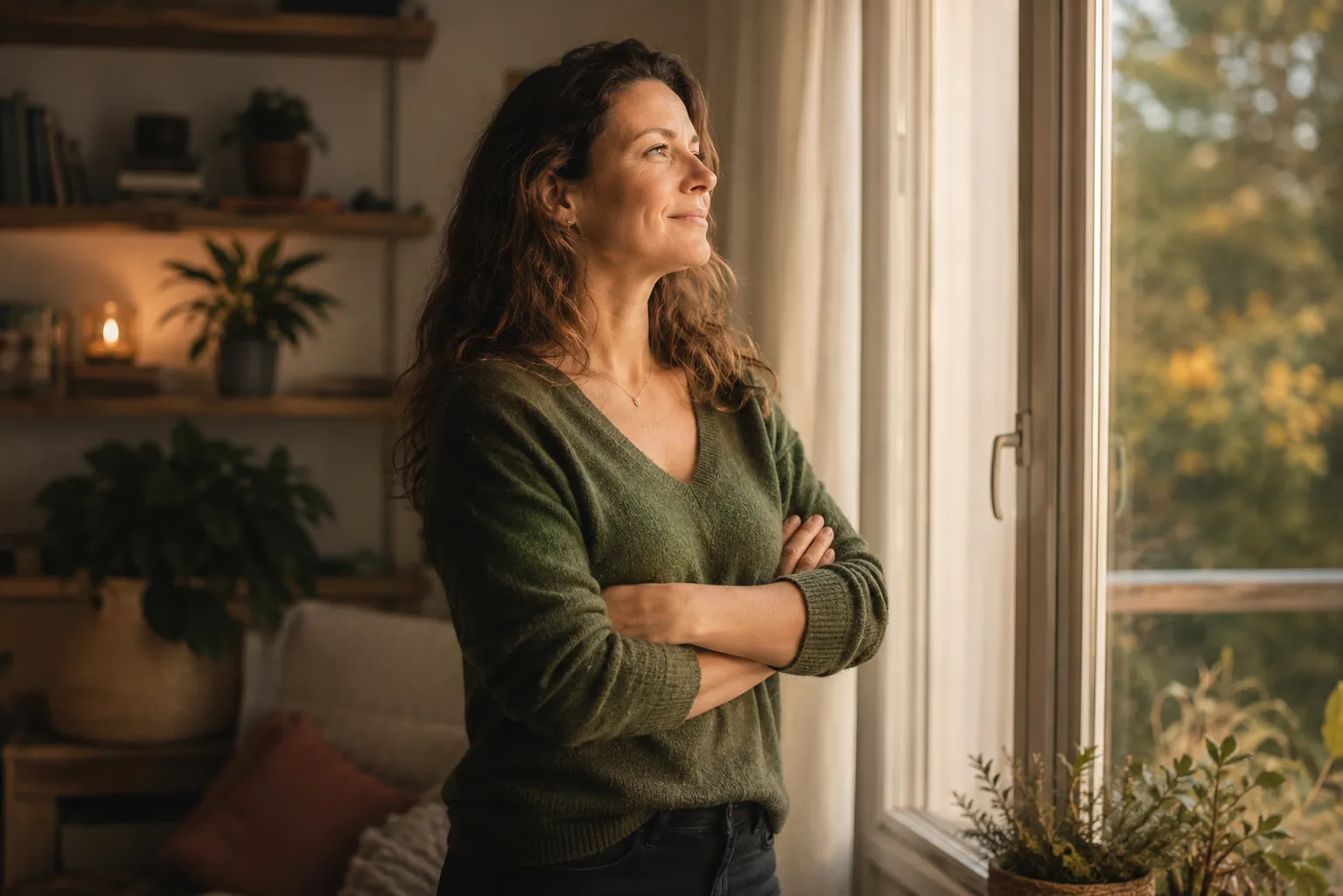 Une femme debout près d'une fenêtre, les bras détendus, le regard tourné vers l'extérieur dans une lumière dorée, l'air apaisé