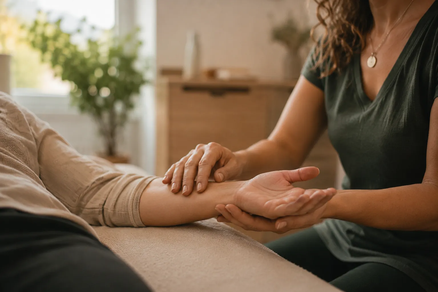 Une praticienne en kinésiologie tient délicatement l'avant-bras d'une personne détendue, des deux mains, sur une table de soin claire, dans un cabinet lumineux avec une plante en arrière-plan