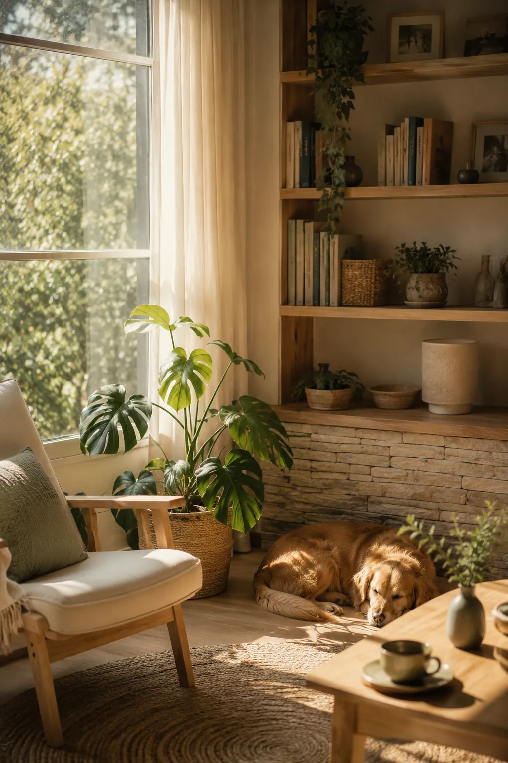 Intérieur de maison paisible et lumineux, baigné d'une lumière naturelle douce, matières naturelles et plante verte, une atmosphère d'équilibre et de sérénité
