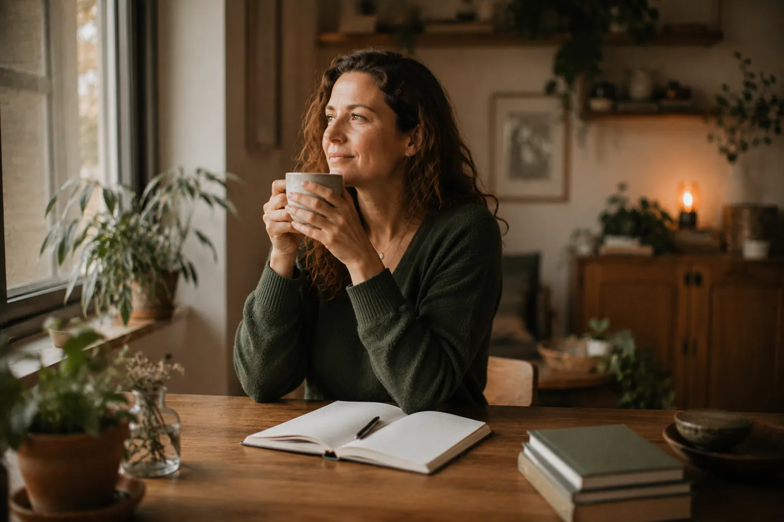 Une femme pensive à une table près de la fenêtre, une tasse de thé entre les mains
