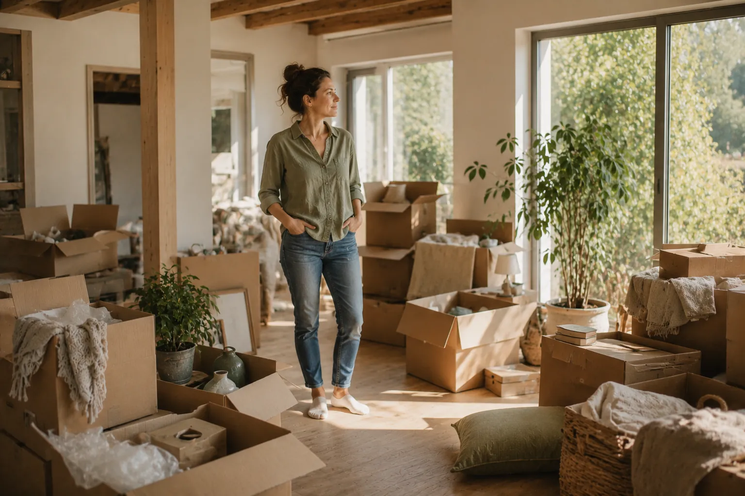 Une personne marque une pause au milieu de cartons, dans une pièce lumineuse