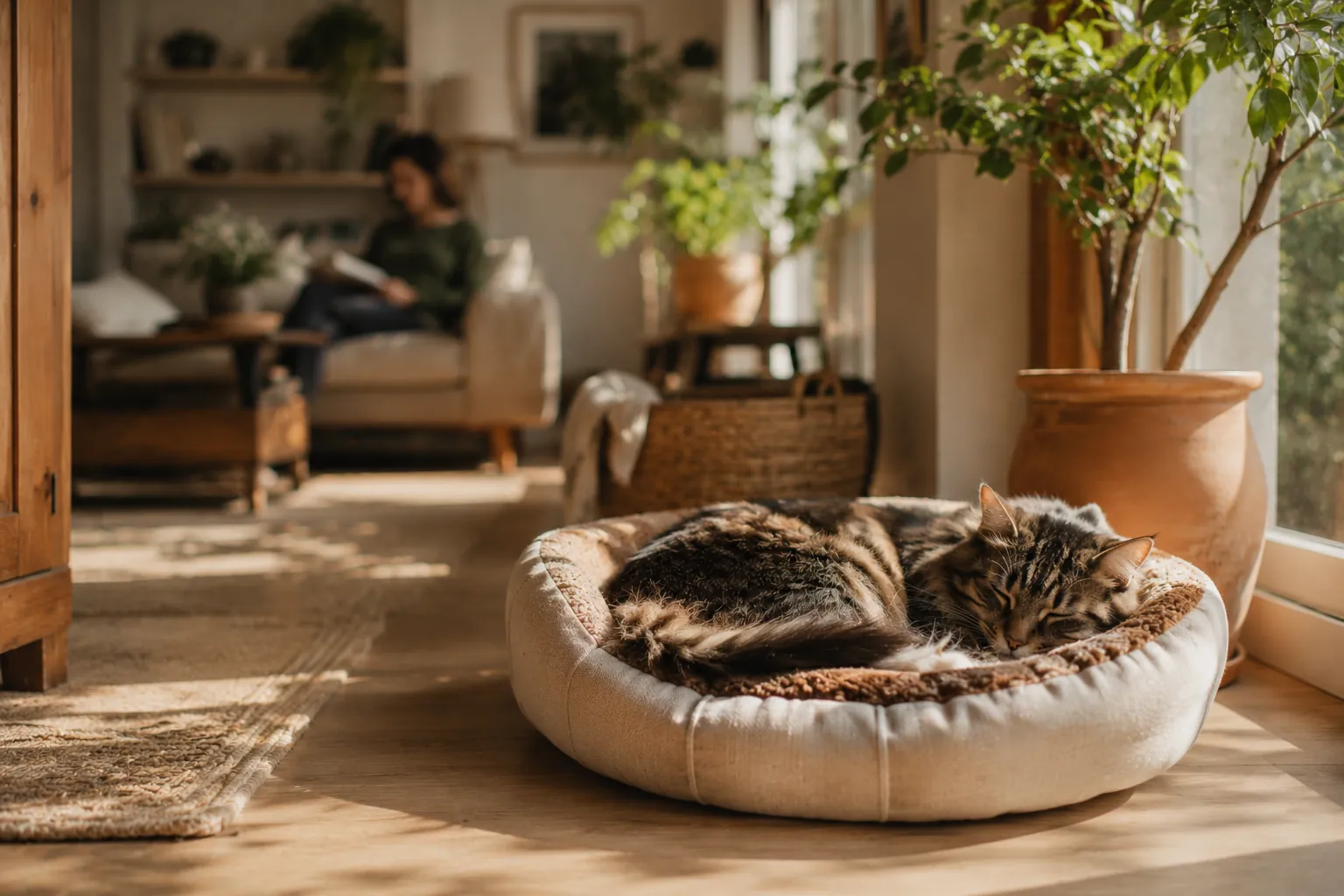 Un chat endormi dans un panier installé dans un rayon de soleil