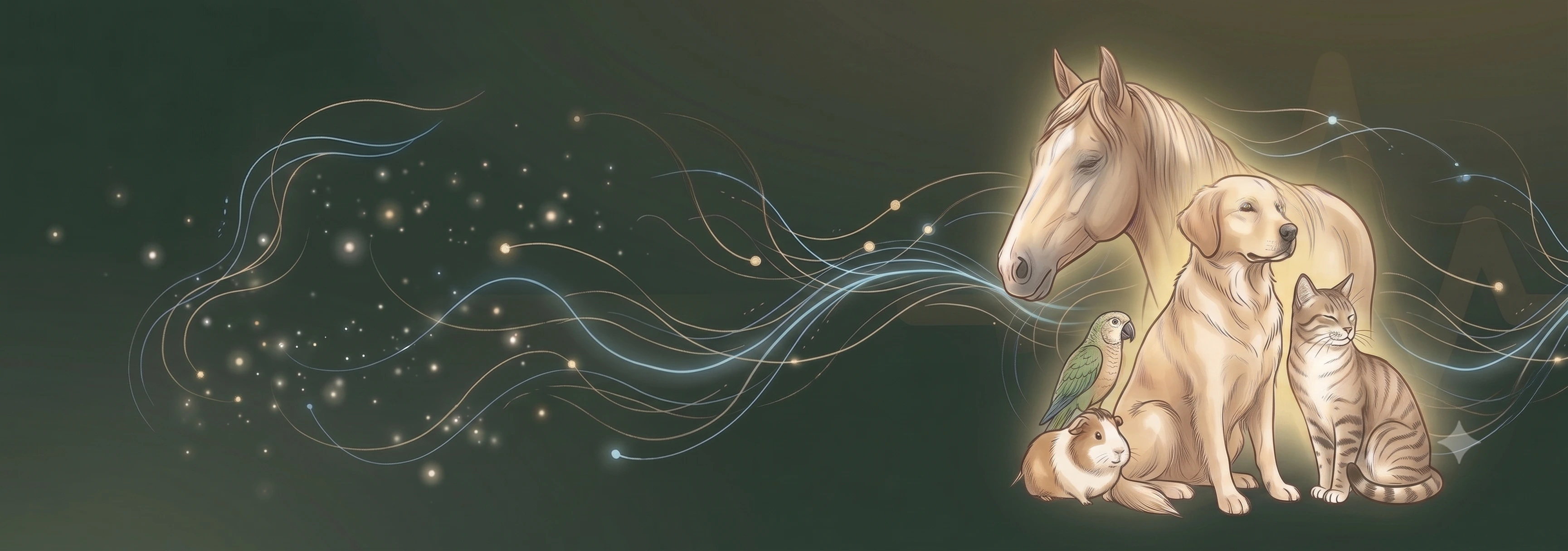 Illustration du bien-être animal : cheval, chien, chat et autres compagnons