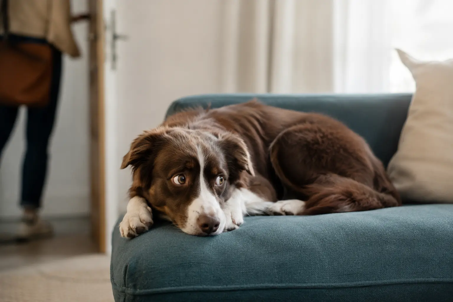 Un chien couché sur le canapé, le regard inquiet, observe son gardien partir