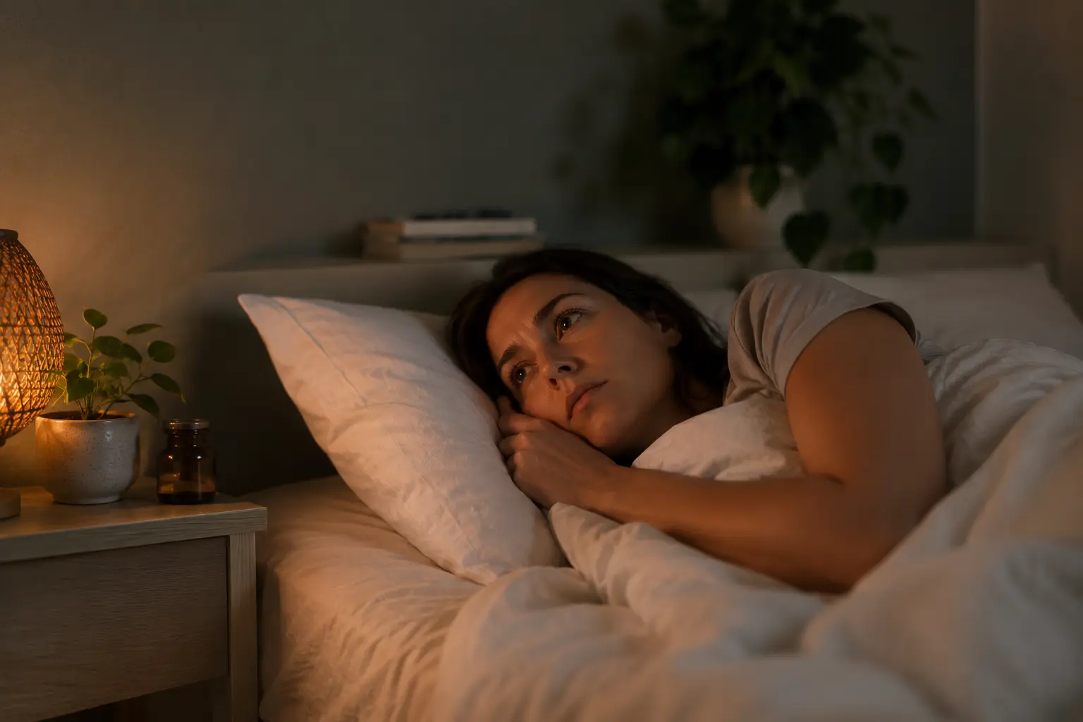 Une femme allongée dans son lit le soir, les yeux ouverts, ne trouvant pas le sommeil
