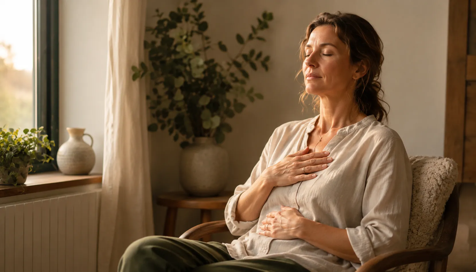 Une personne assise prend un instant pour respirer et apaiser son stress