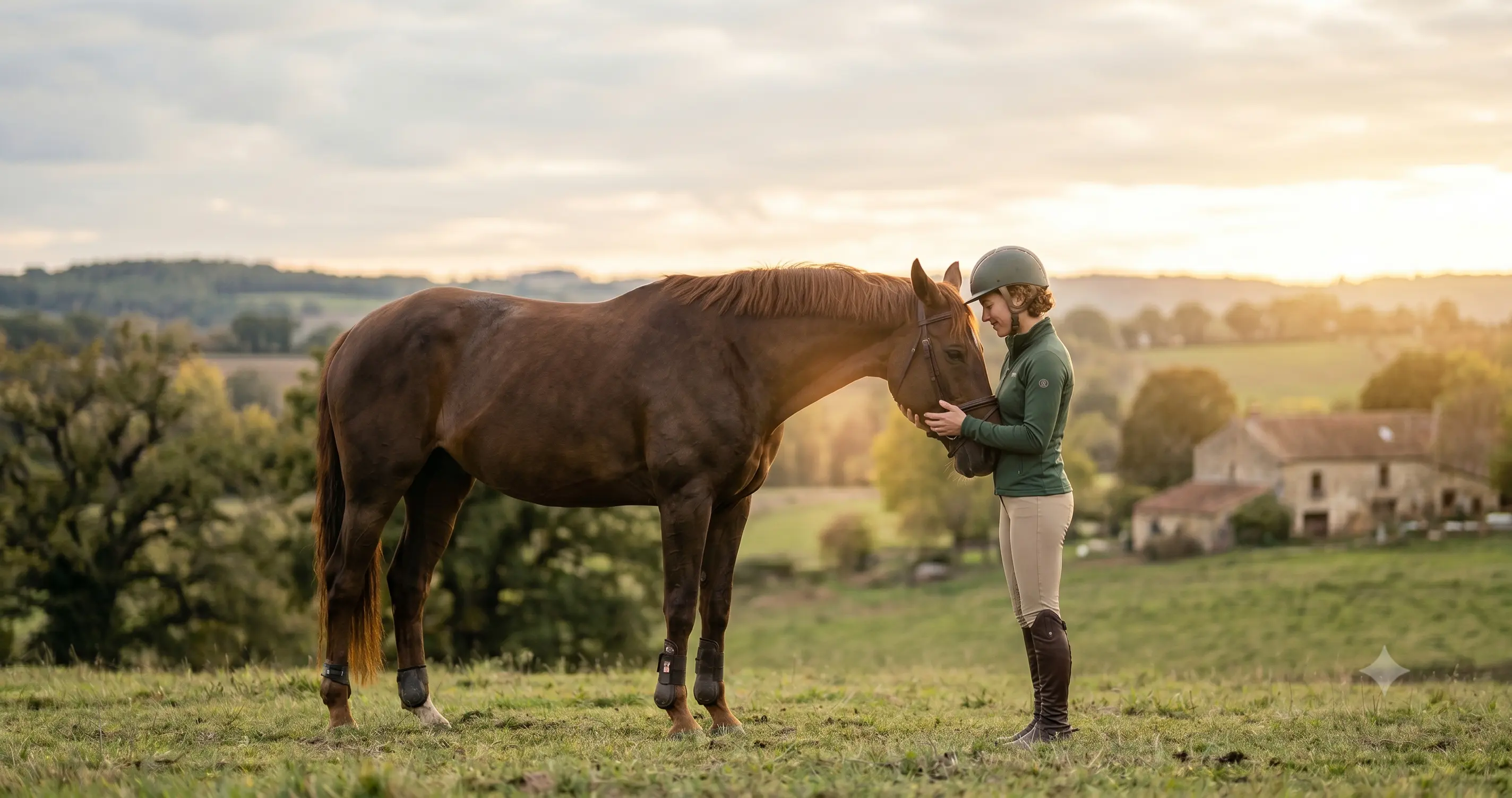 Une cavalière en complicité avec son cheval, dans un pré