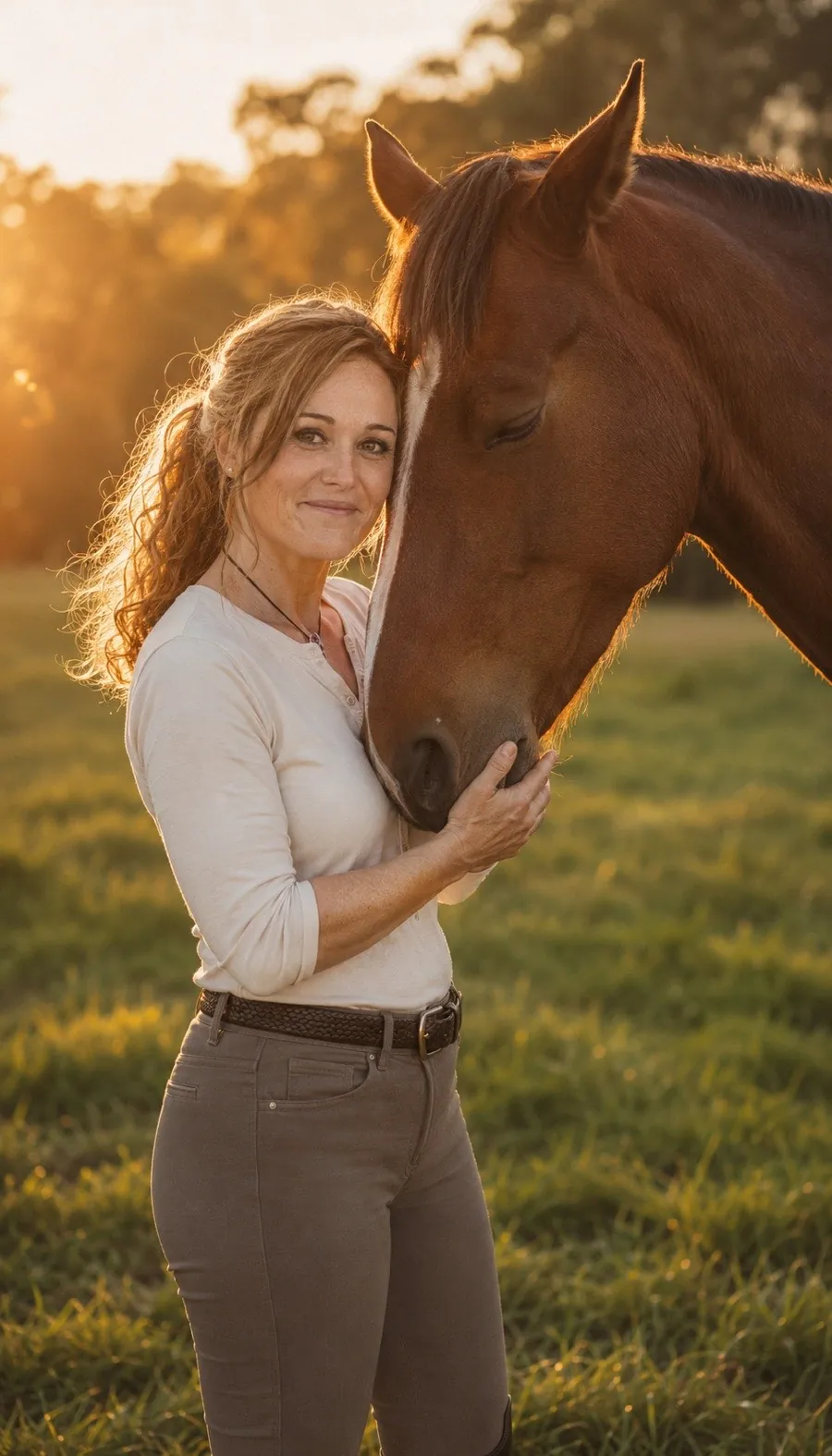 Oriane joue contre son cheval au coucher du soleil, complicité éthologique