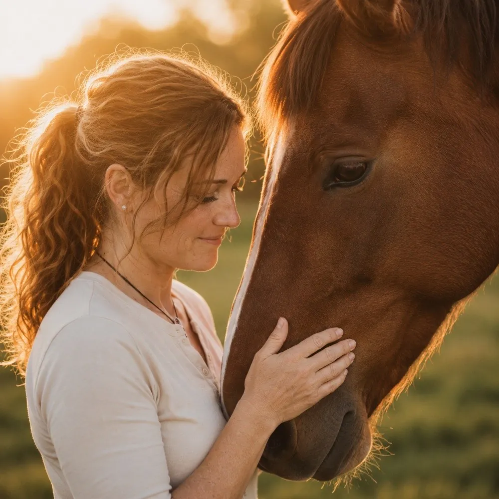 Oriane et son cheval, moment de complicité au coucher du soleil